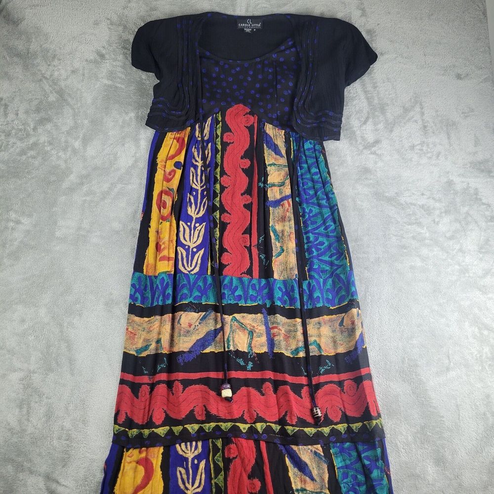 Vintage Carole Little Maxi Dress Womens 2 Black Mixed‎ Print Western Boho 80s
